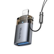 OT-7390 Mcdodo OTG Adapter - USB to Lightning, Alumínium Ötvözet, Töltés és Adatszinkronizálás, Jelzőfénnyel, Akasztóval - Fekete