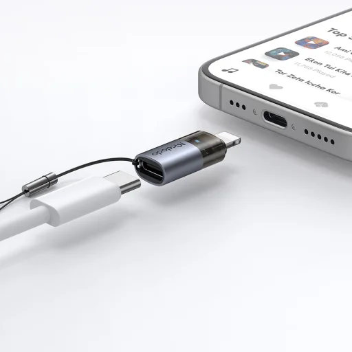 OTG Adapter Mcdodo (OT-7630) - USB-C Lightning átalakító, Alumínium ötvözet, Töltés és adat szinkronizálás, 36W, Kék fény, Lánc - Fekete - 7