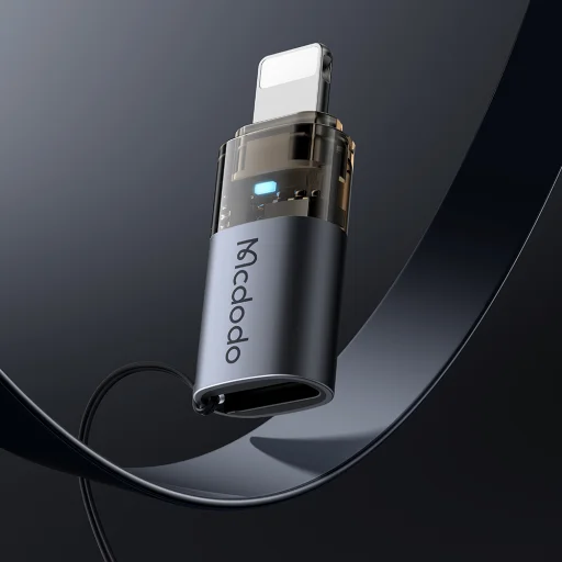 OTG Adapter Mcdodo (OT-7630) - USB-C Lightning átalakító, Alumínium ötvözet, Töltés és adat szinkronizálás, 36W, Kék fény, Lánc - Fekete - 5