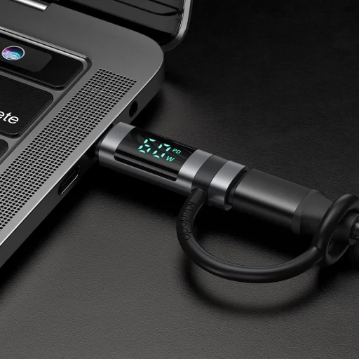 Adapter Mcdodo OT-0180 szilikon akasztóval, alumínium ötvözetből, Lightning USB-C-re, 60W, HD LED kijelző - Fekete - 6