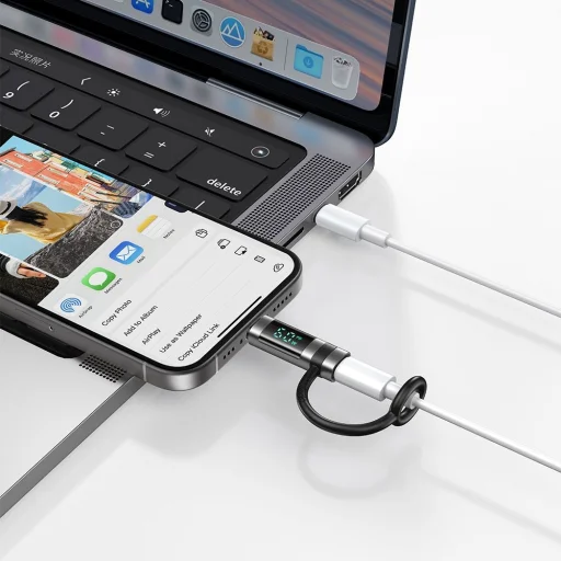 Adapter Mcdodo OT-0180 szilikon akasztóval, alumínium ötvözetből, Lightning USB-C-re, 60W, HD LED kijelző - Fekete - 4