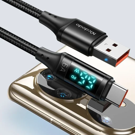 USB 2.0 - Type-C Digitális Kijelzővel, Nylon Fonott, Alumínium Ötvözet, 6A, 1.2m - Fekete Mcdodo - Data Cable (CA-1080) - 4