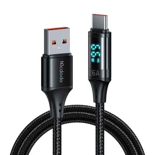 USB 2.0 - Type-C Digitális Kijelzővel, Nylon Fonott, Alumínium Ötvözet, 6A, 1.2m - Fekete Mcdodo - Data Cable (CA-1080) - 1