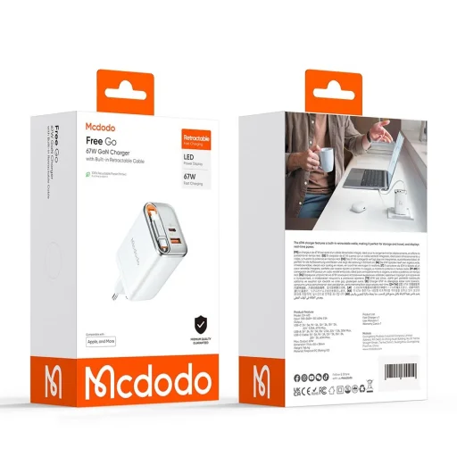 Mcdodo - FreeGo Series (CH-4103) Fali Töltő - Beépített USB-C Visszahúzható Kábel, USB-A/C, 67W, Digitális Kijelző, 65cm - Fehér - 7