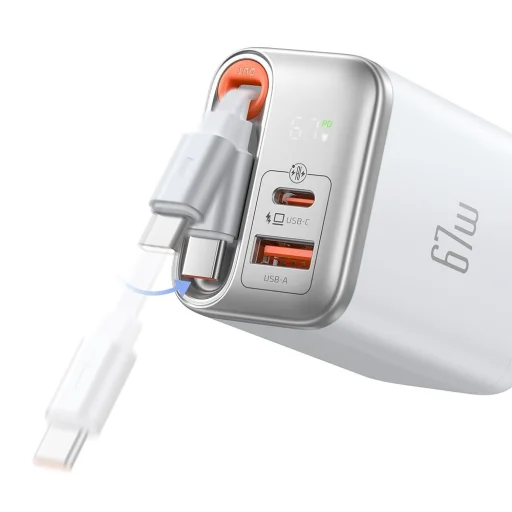 Mcdodo - FreeGo Series (CH-4103) Fali Töltő - Beépített USB-C Visszahúzható Kábel, USB-A/C, 67W, Digitális Kijelző, 65cm - Fehér - 2
