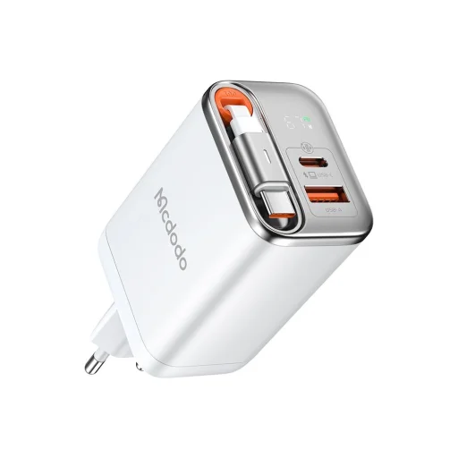 Mcdodo - FreeGo Series (CH-4103) Fali Töltő - Beépített USB-C Visszahúzható Kábel, USB-A/C, 67W, Digitális Kijelző, 65cm - Fehér - 1