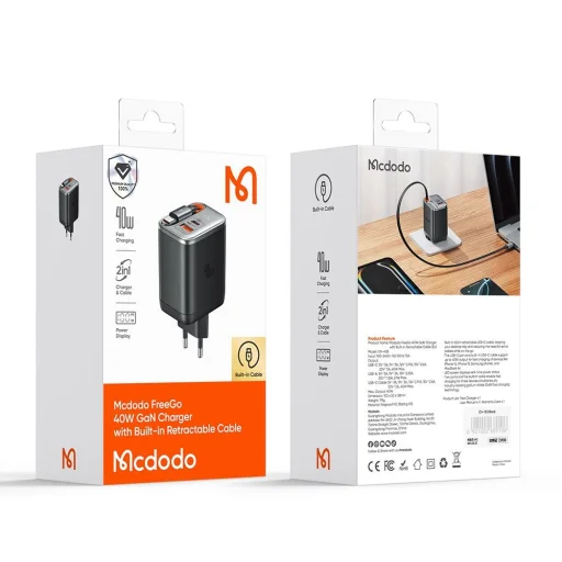 Mcdodo - Fali Töltő FreeGo Series (CH-4281) - Beépített USB-C Visszahúzható Kábel, USB-A/C, 40W, Digitális Kijelző, 65cm - Fekete - 7