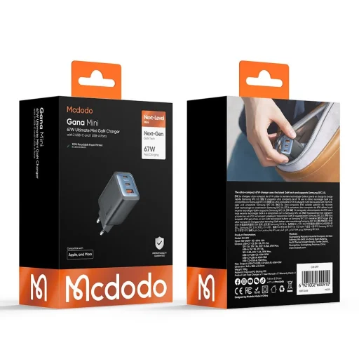 Mcdodo - Fali Töltő Gana Mini Sorozat (CH-0970) - 2x USB-C, 1x USB-A, 67W, GaN Technológia - Fekete - 7