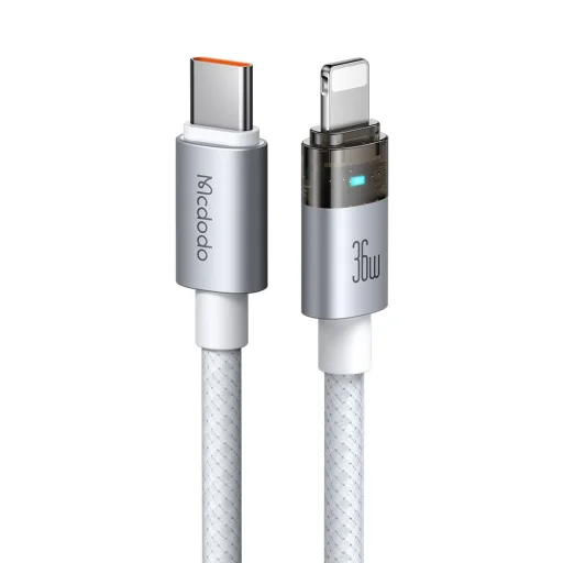 USB-C to Lightning Fehér Mcdodo Data Cable (CA-6942) - Töltésjelzős, Átlátszó Kábel, 36W, 1.2m - 1