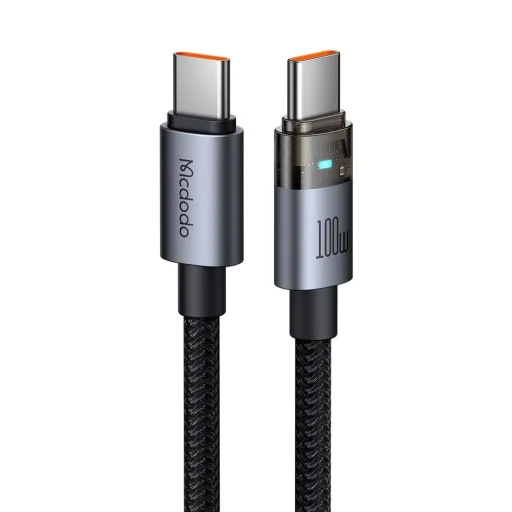 Mcdodo CA-5580 Adatkábel - Töltési fénnyel, USB-C-ről USB-C-re, Átlátszó kábel, 100W, 1,2m - Fekete - 1