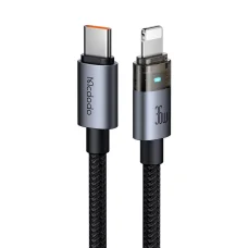 Data Cable (CA-6940) USB-C - Lightning, Átlátszó Kábel, 36W, 1,2m - Fekete, Töltési Fénnyel Mcdodo
