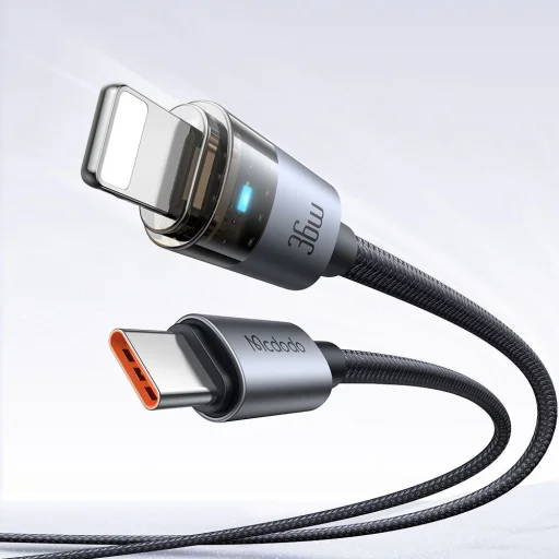 Data Cable (CA-6940) USB-C - Lightning, Átlátszó Kábel, 36W, 1,2m - Fekete, Töltési Fénnyel Mcdodo - 6