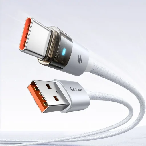 Data Cable Mcdodo CA-6892 Töltőkábellel és Töltésjelző Fénnyel, USB-C - USB-A, Átlátszó Kábel, 6A, 1.2m, Fehér - 3