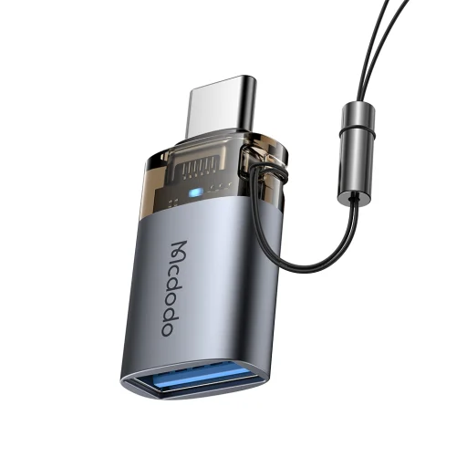 Mcdodo OTG Adapter (OT-7400) USB3.0 to Type-C, Aluminium Alloy, Töltés és Adatszinkronizálás, 5 Gbps, Kék Fény, Nyakpánt - Fekete - 1