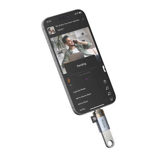 OTG Adapter 2in1 Mcdodo (OT-7600) - USB to USB-C, Beépített Kártyaolvasó, Töltés & Adatátvitel, 5 Gbps, Kék Fény, Nyakpánt - Fekete - 6