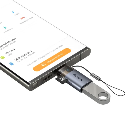 OTG Adapter 2in1 Mcdodo (OT-7600) - USB to USB-C, Beépített Kártyaolvasó, Töltés & Adatátvitel, 5 Gbps, Kék Fény, Nyakpánt - Fekete - 4