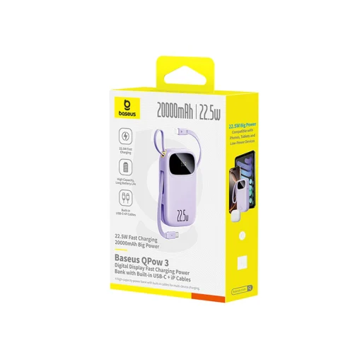 Baseus EnerFill FC21 Qpow 3 Ultra 20000mAh 22,5W Hordozható Akkumulátor Digitális Kijelzővel és Kábellel - Lila - 3