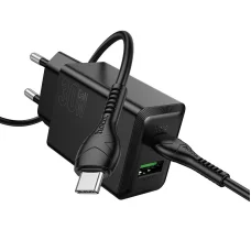 Hoco N71 telefontöltő USB-A + USB-C QC3.0 PD AFC 3A 30W + kábel USB-C - USB-C N71 fekete