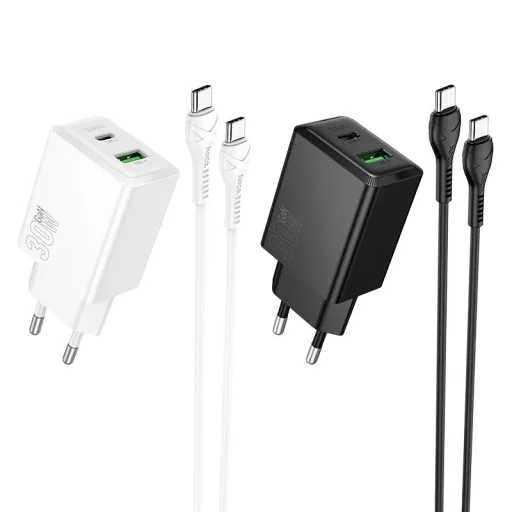 Hoco USB A + USB C QC3.0 PD AFC 3A 30W töltő + USB C - USB C kábel N71 fehér - 5