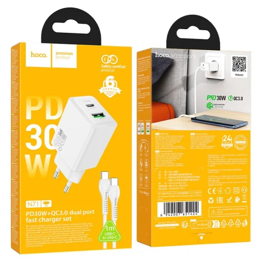 Hoco USB A + USB C QC3.0 PD AFC 3A 30W töltő + USB C - USB C kábel N71 fehér - 4