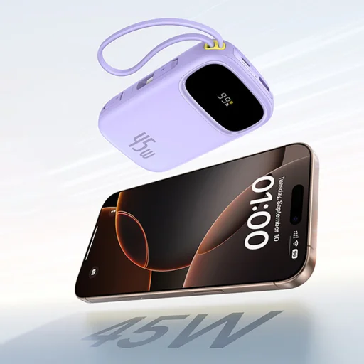 Baseus EnerFill FC31 20000mAh 45W Power Bank kijelzővel, USB-C és Lightning kábelekkel - Lila - 7