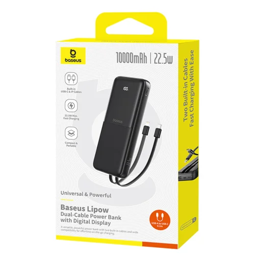 Baseus Lipow 10000mAh 22.5W Powerbank beépített Dual kábellel és kijelzővel (extra fekete Baseus Simple USB-A - USB-C 3A 0.2m kábel) - Fekete - 8