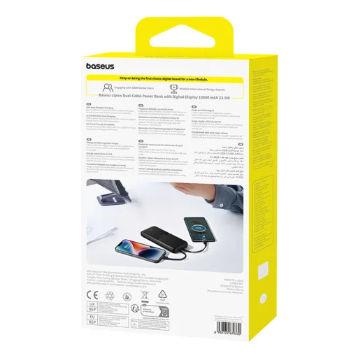 Baseus Lipow 10000mAh 22.5W Powerbank beépített Dual kábellel és kijelzővel (extra fekete Baseus Simple USB-A - USB-C 3A 0.2m kábel) - Fekete - 9
