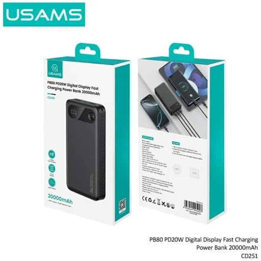 USAMS PB80 Power Bank PD20W 20000mAh fekete - 8
