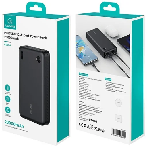 USAMS PB83 Power Bank 2xUSB-A 1xUSB-C 20000mAh fekete - 8
