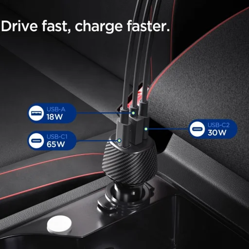 Spigen Essential Ev1133 3-portos autós töltő 113W fekete - 3