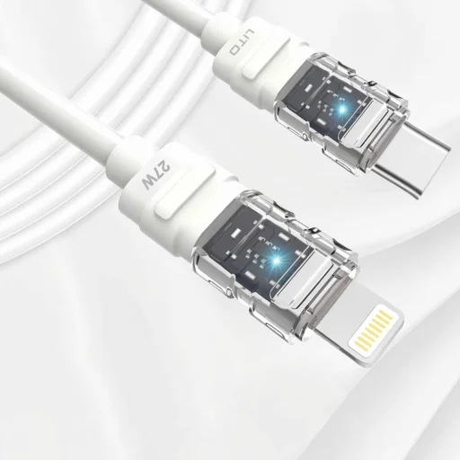 Type-C to Lightning Lito Data Cable Mechanical (LD05) - Gyors töltés 27W, Átlátszó fej, LED - Fehér - 3