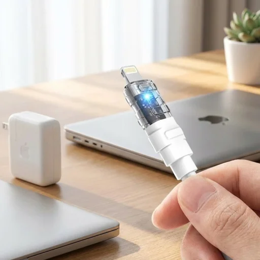 Type-C to Lightning Lito Data Cable Mechanical (LD05) - Gyors töltés 27W, Átlátszó fej, LED - Fehér - 4