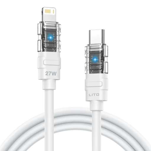 Type-C to Lightning Lito Data Cable Mechanical (LD05) - Gyors töltés 27W, Átlátszó fej, LED - Fehér - 1