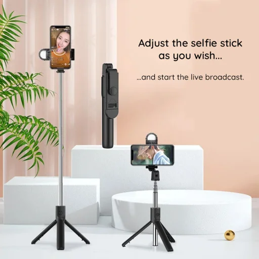 Mini Selfie Bot Techsuit S05-S - Kompakt Állvány Rögzítés Bluetooth Távirányítóval, LED Fénnyel, Összecsukható, 105cm - Fekete - 5