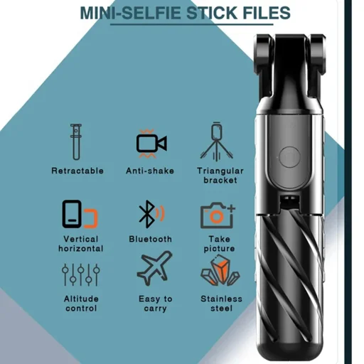 Mini Selfie Bot Techsuit (K03) - Kompakt Állvány Bluetooth Távirányítóval, Összecsukható, 70 cm - Fekete - 3