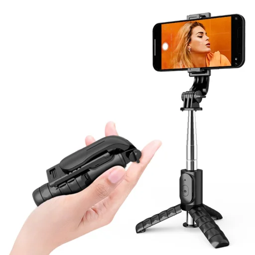 Mini Selfie Stick (Q11) - Stabil Állvány Bluetooth Távirányítóval, 360 Fokos Forgathatóság, Rozsdamentes Acél, 74cm - Fekete Techsuit - 1