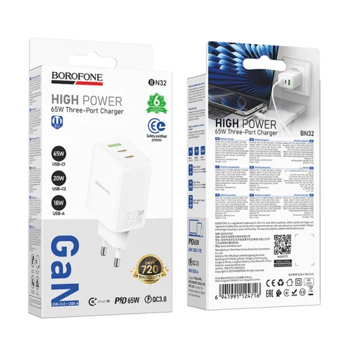 Borofone Wall charger BN32 Cargador GaN - USB + 2xType C - QC 3.0 PD 65W fehér - 9