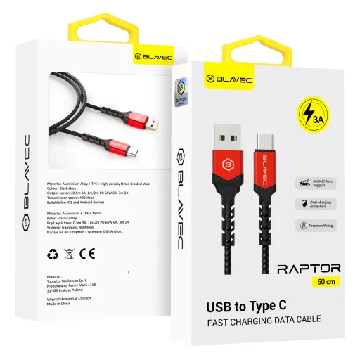 Blavec Cable Raptor fonott - USB Type-C - 3A 0,5 méter (CRA-UC3BR05) fekete-piros - 1