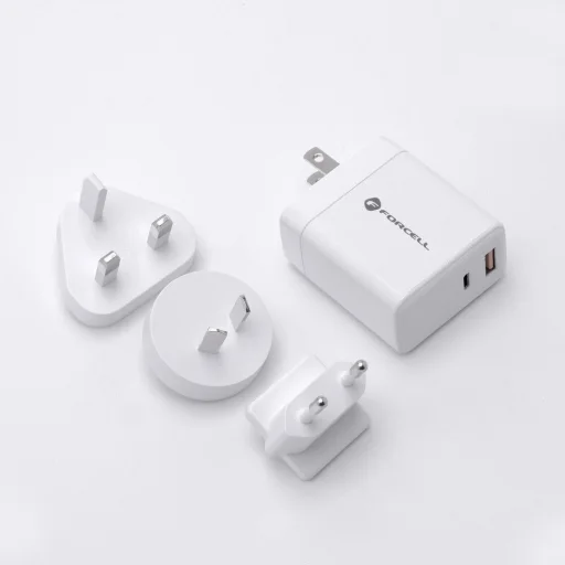 Forcell F-Energy 3 az 1-ben USB C + USB A QC4.0 PD 3A 45W három cserélhető csatlakozóval (EU / UK / US) TFK-TC-45WPDAC fehér hálózati USB-C töltő adapter - 6