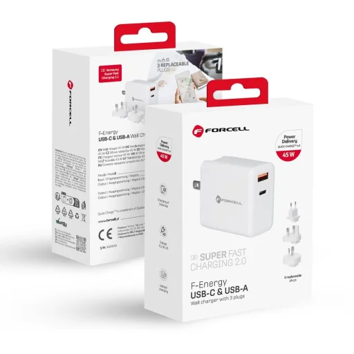 Forcell F-Energy 3 az 1-ben USB C + USB A QC4.0 PD 3A 45W három cserélhető csatlakozóval (EU / UK / US) TFK-TC-45WPDAC fehér hálózati USB-C töltő adapter - 1