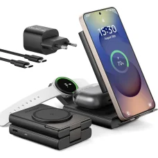 SURITCH 3in1 töltőállomás Samsunghoz, 15W összecsukható vezeték nélküli – Galaxy S26/S25/S24/S23/S22/S21/Z, Galaxy Watch 7/6/5/4/3 és Galaxy Buds, fekete (EU)