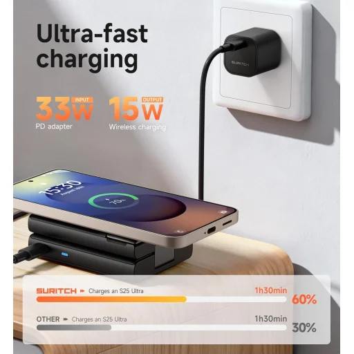 SURITCH 3in1 töltőállomás Samsunghoz, 15W összecsukható vezeték nélküli – Galaxy S26/S25/S24/S23/S22/S21/Z, Galaxy Watch 7/6/5/4/3 és Galaxy Buds, fekete (EU) - 2