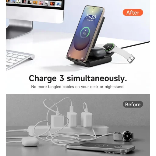 SURITCH 3in1 töltőállomás Samsunghoz, 15W összecsukható vezeték nélküli – Galaxy S26/S25/S24/S23/S22/S21/Z, Galaxy Watch 7/6/5/4/3 és Galaxy Buds, fekete (EU) - 3