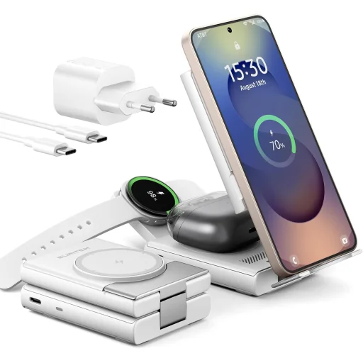SURITCH 3in1 töltőállomás Samsunghoz, 15W összecsukható vezeték nélküli – Galaxy S26/S25/S24/S23/S22/S21/Z, Galaxy Watch 7/6/5/4/3 és Galaxy Buds, fehér (EU) - 1
