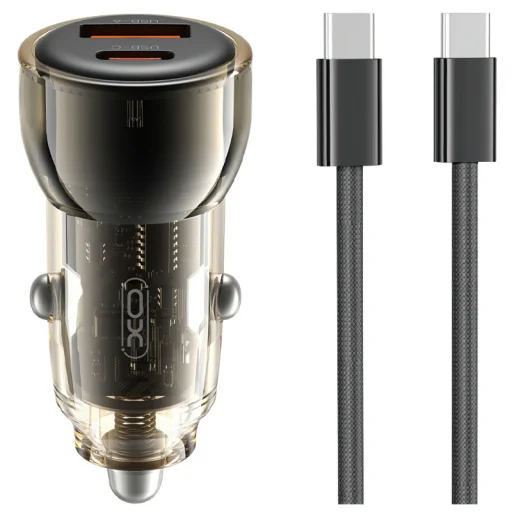 Car Charger XO DESIGN CC60, 60W, 3A, 1 x USB-A - 1 x USB-C, USB-C kábellel, Fekete - 1