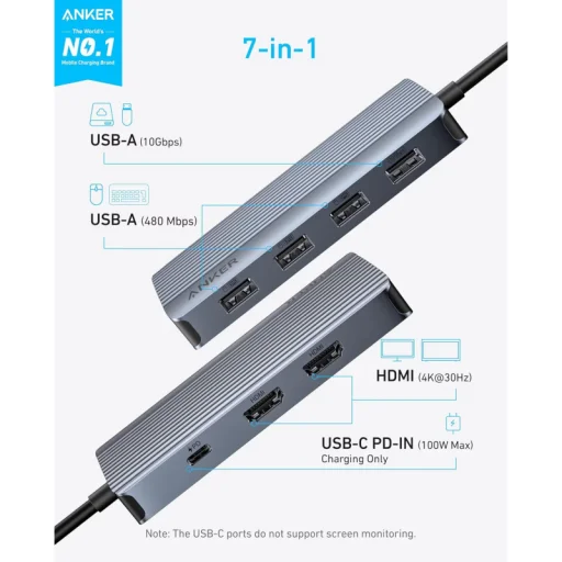 USB-C Hub Anker, 1 x USB-A 3.2 - 3 x USB-A - 1 x USB-C - 2 x HDMI, Szürke A83740A2 - 2