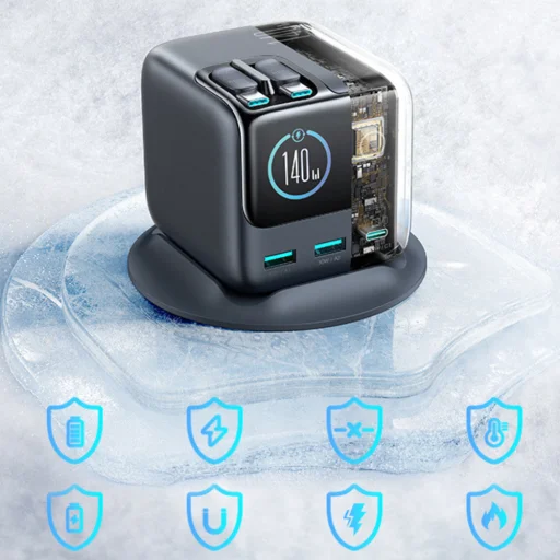 Joyroom Podix JR-TRD01 GaN 140W Asztali Töltő 5 Porttal és Két Automatikusan Visszahúzható Kábellel - Szürke - 8