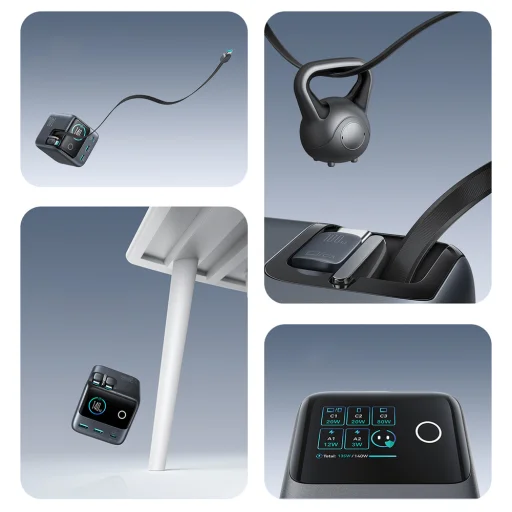 Joyroom Podix JR-TRD01 GaN 140W Asztali Töltő 5 Porttal és Két Automatikusan Visszahúzható Kábellel - Szürke - 9