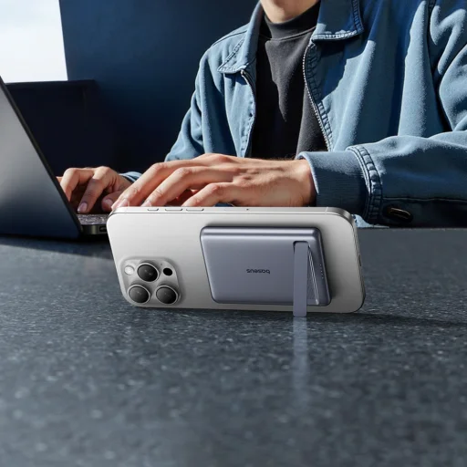 Powerbank Baseus PicoGo AM31 Qi2 5000mAh 20W ultrakeskeny kompatibilis MagSafe állványos fonott Baseus Simple USB-C 20cm kábel - szürke - 12