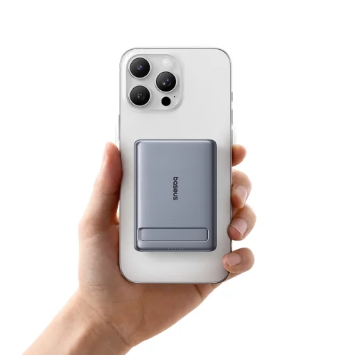 Powerbank Baseus PicoGo AM31 Qi2 5000mAh 20W ultrakeskeny kompatibilis MagSafe állványos fonott Baseus Simple USB-C 20cm kábel - szürke - 5